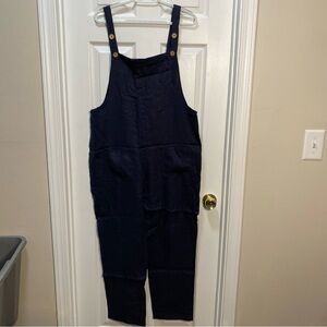 Fantasy Linen Overalls Women size L Navy Blue 100% Linen Jumpsuit Romper